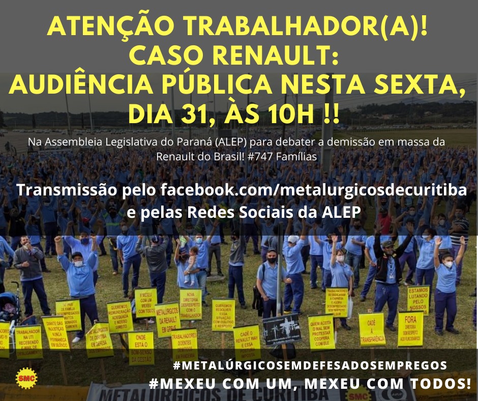 Assembleia Legislativa do Paraná realiza Audiência Pública sobre as demissões na Renault hoje (31), às 10h