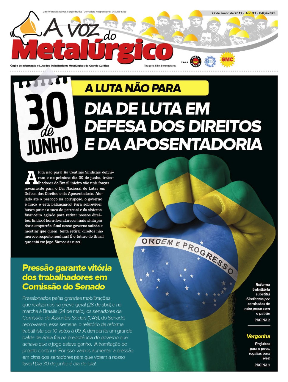Nova edição do jornal dos metalúrgicos da Grande Curitiba destaca a luta do dia 30 de junho