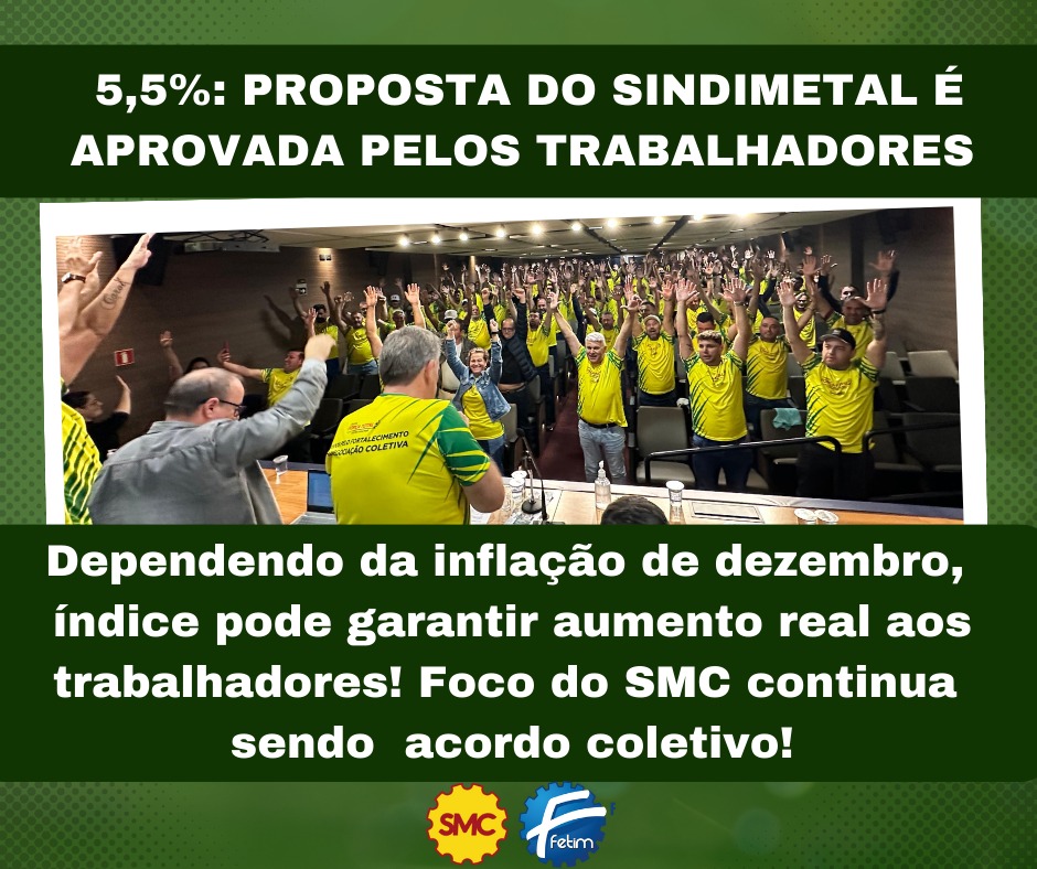 SINDIMETAL: TRABALHADORES APROVAM REAJUSTE DE 5,5% PARA CONVENÇÃO COLETIVA