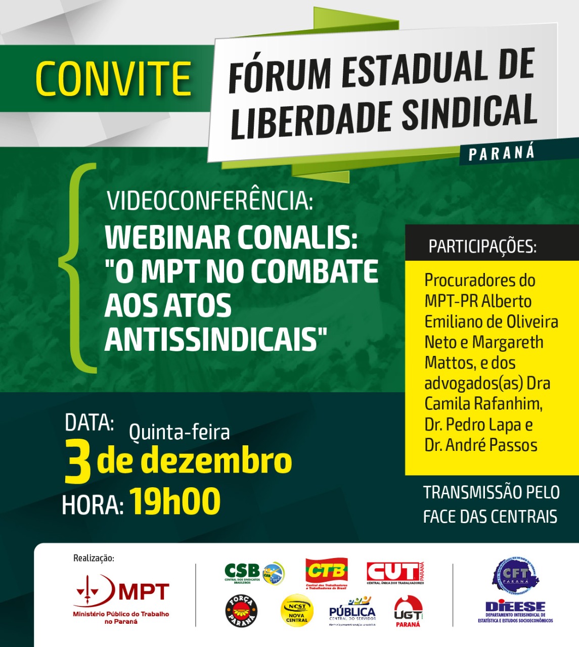 Nesta quinta(3), às 19h,  tem a Live  “O MPT no Combate aos Atos Antissindicais”