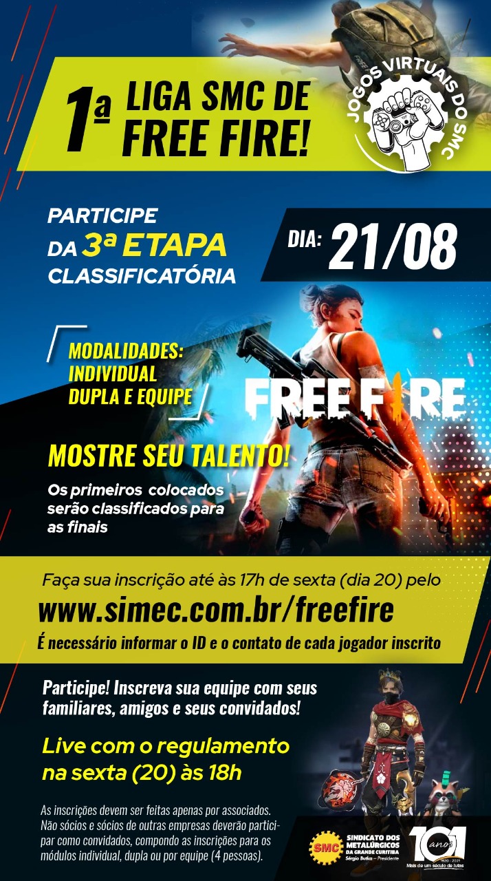 JÁ ESTÃO ABERTAS AS INSCRIÇÕES PARA A 3ª ETAPA DA LIGA SMC DE FREE FIRE!