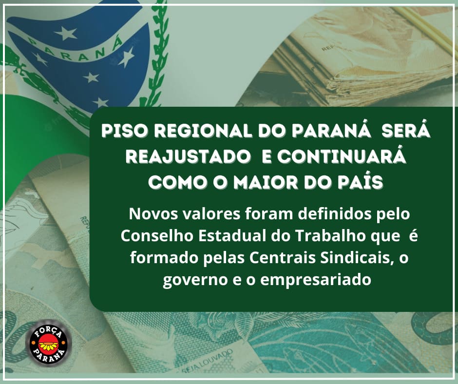 PISO MÍNIMO REGIONAL DO PARANÁ TERÁ REAJUSTE E CONTINUARÁ COMO MAIOR DO PAÍS