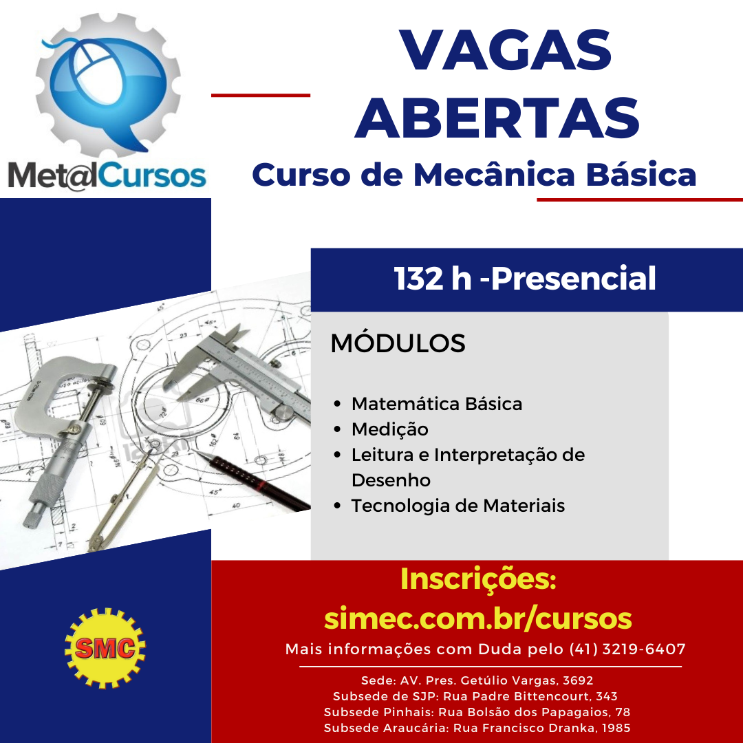 MATRÍCULAS ABERTAS PARA O CURSO DE MECÂNICA BÁSICA DO SMC