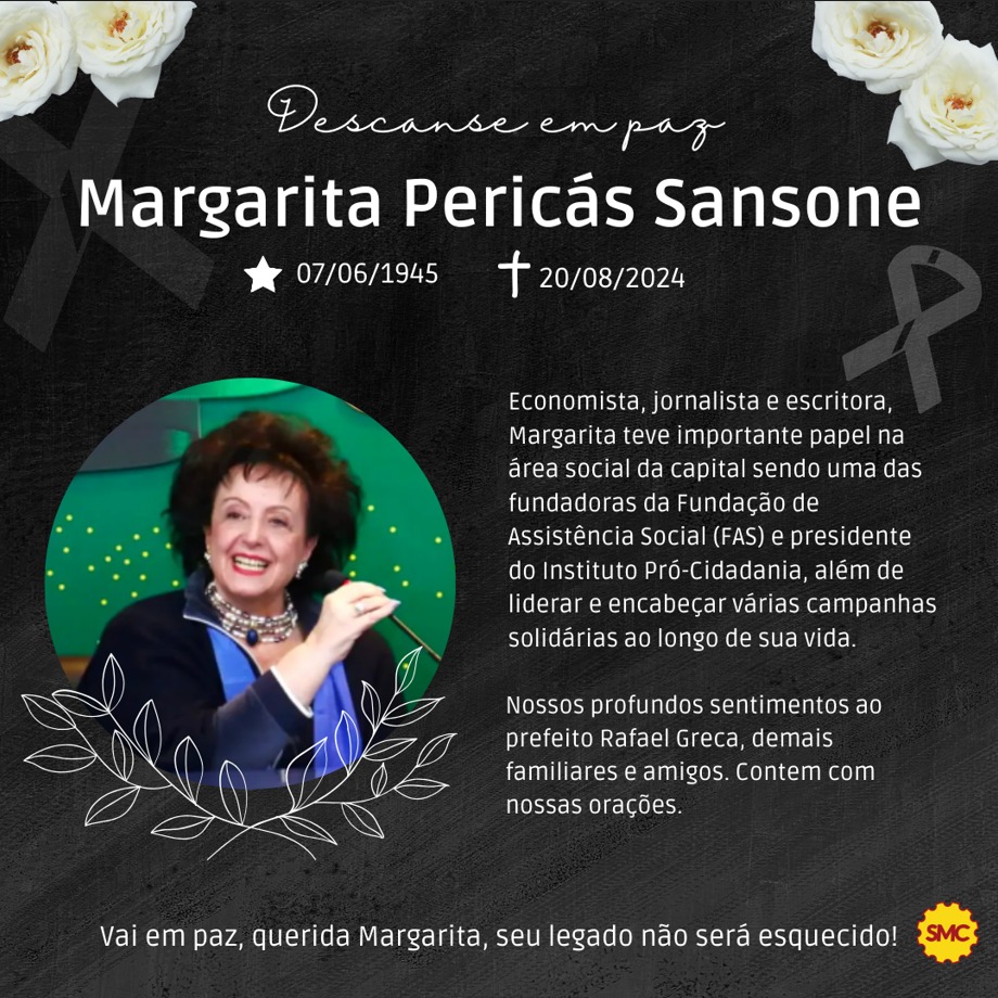 NOTA DE PESAR: MARGARITA SANSONE, PRIMEIRA DAMA DE CURITIBA