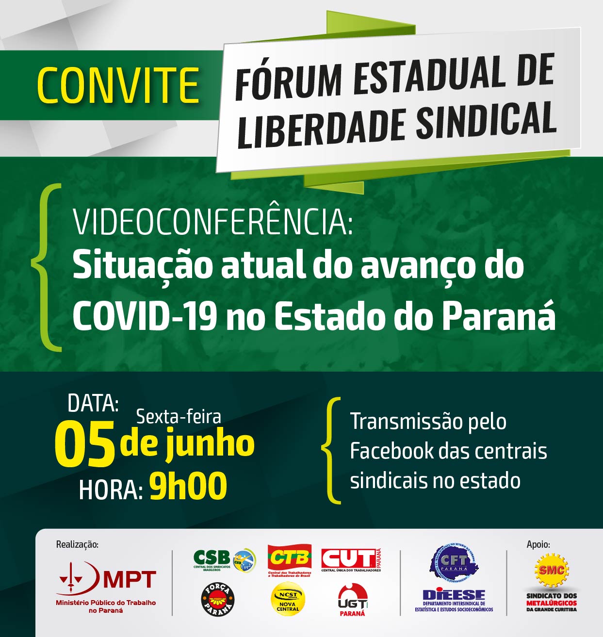 Fórum da Liberdade Sindical do PR realiza nesta sexta (5) vídeo conferência para debater ações contra o avanço da Covid-19