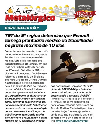 TRT determina que Renault forneça prontuário médico no prazo máximo de 10 dias. Confira no Voz Online! 