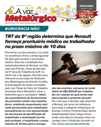 TRT determina que Renault forneça prontuário médico no prazo máximo de 10 dias. Confira no Voz Online!